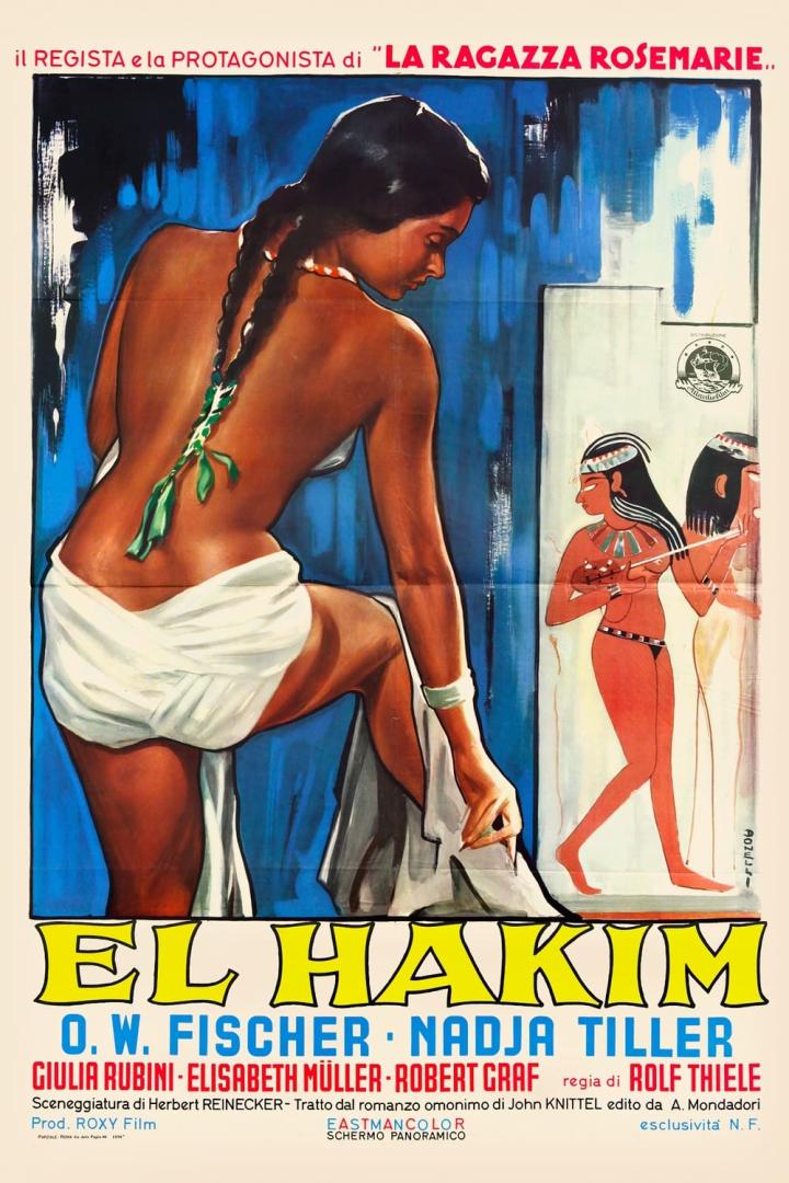 Das Filmplakat für „El Hakim“ zeigt eine Frau vor einem ägyptischen Wandbild.