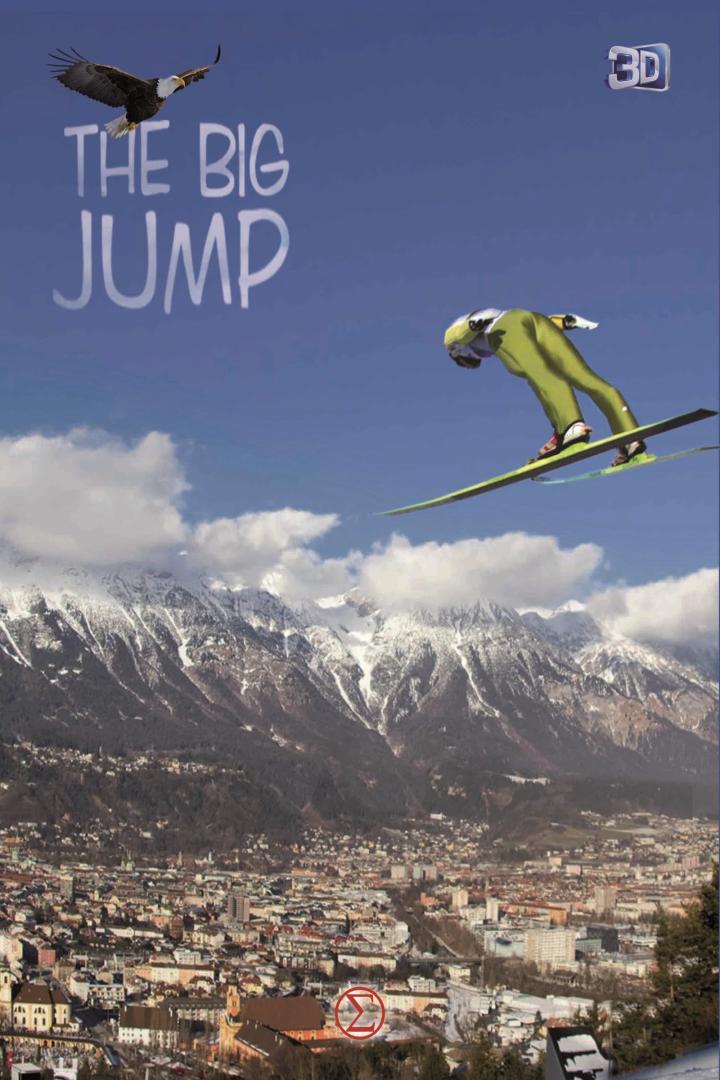 Ein Skispringer in der Luft vor einer Bergkulisse und der Aufschrift „The Big Jump“.