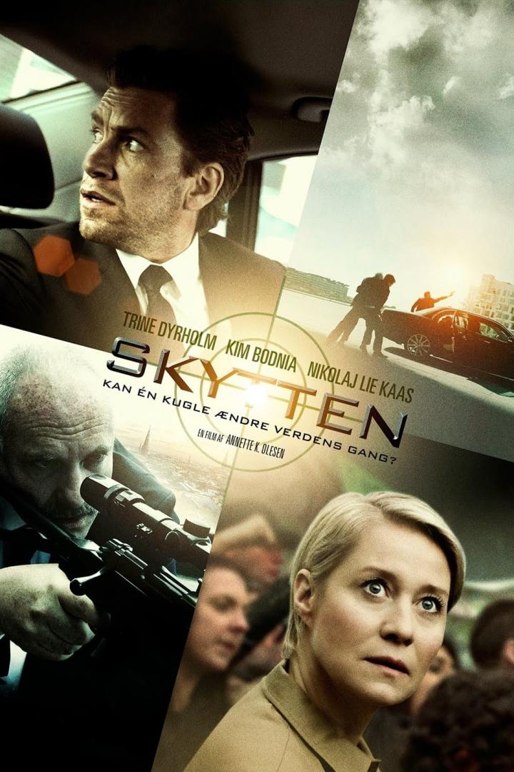 Das Filmplakat für „Skytten“ zeigt mehrere Szenen mit den Hauptdarstellern.