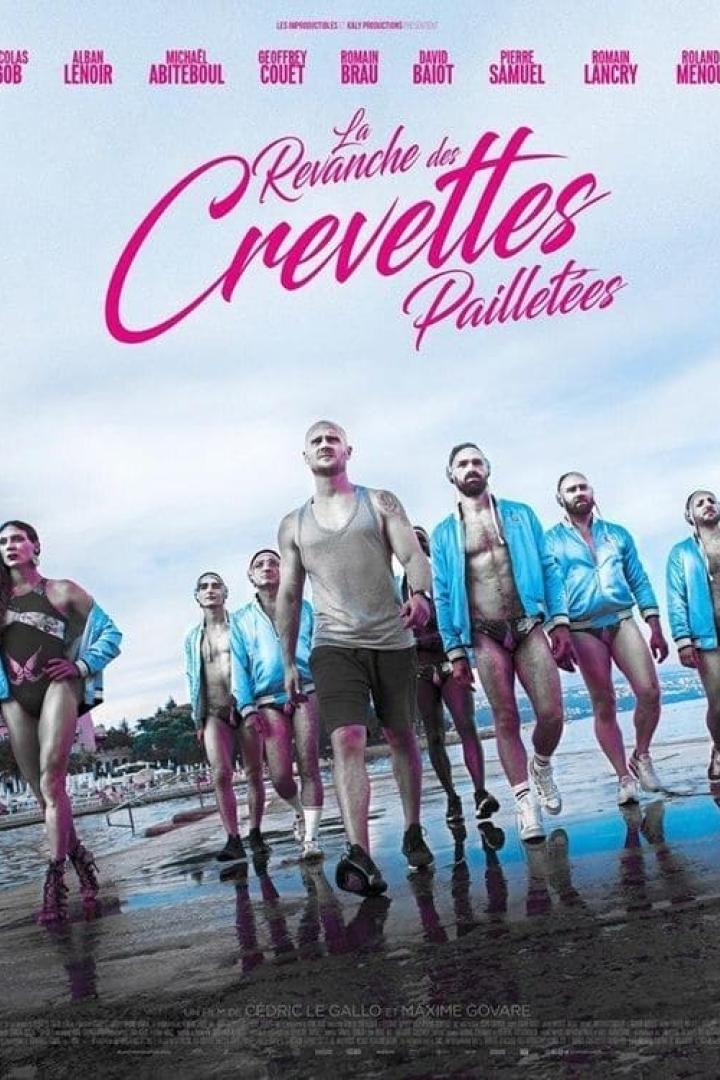 Das Filmplakat für „La Revanche des Crevettes Pailletées“ zeigt eine Gruppe von Schwimmern am Strand.