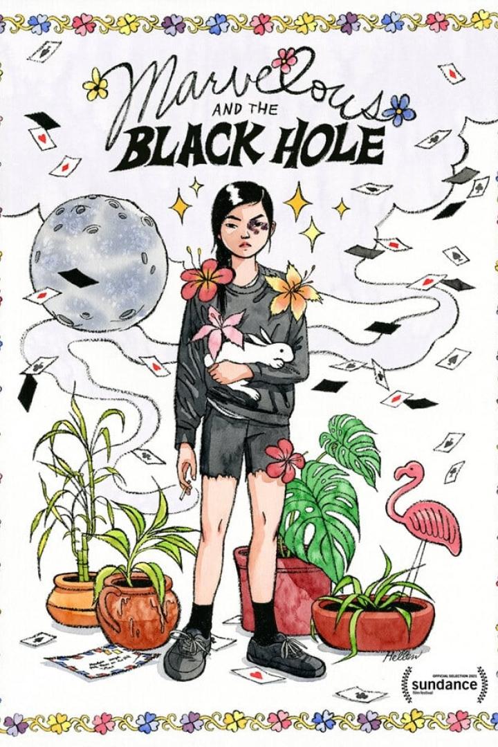 Illustration für „Marvelous and the Black Hole“ mit einer jungen Frau, die ein Kaninchen hält.