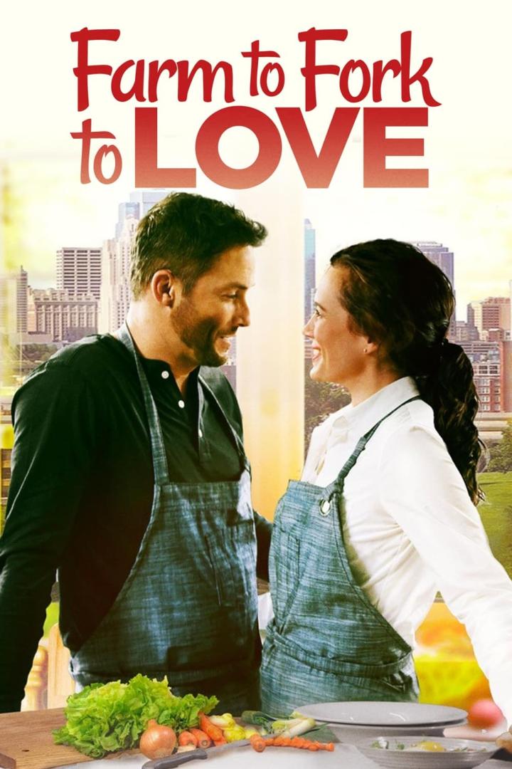 Ein Mann und eine Frau in Kochschürzen stehen vor einer Skyline, Titel: „Farm to Fork to Love“.