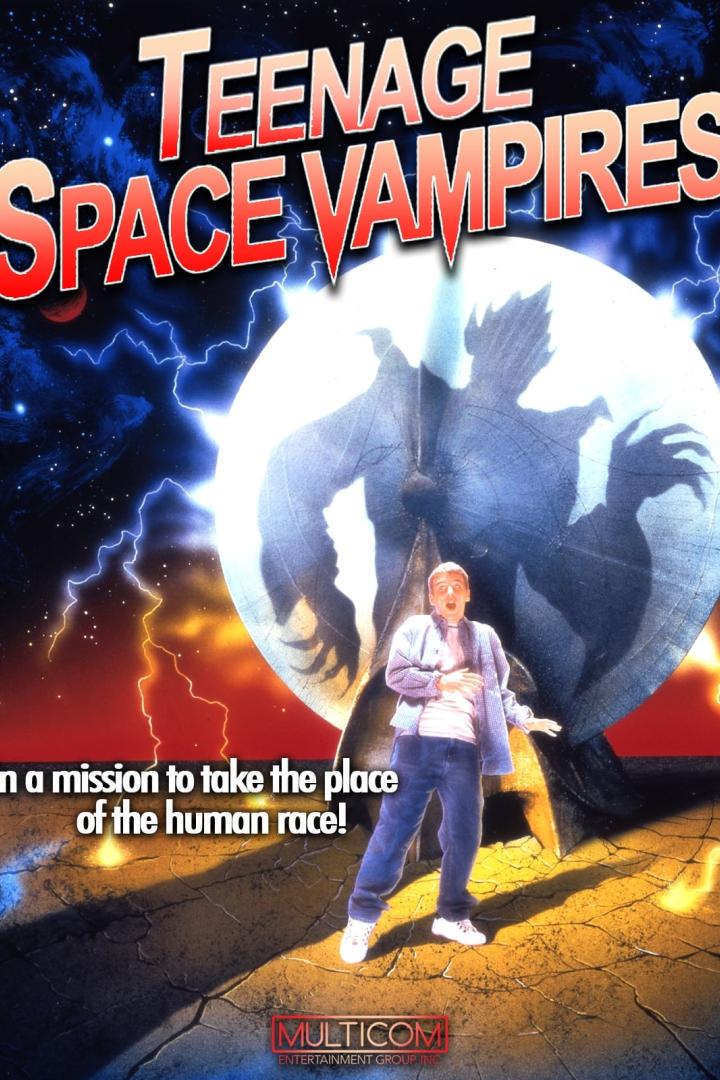Ein Filmplakat für „Teenage Space Vampires“ mit einem erschrockenen Teenager vor einem riesigen Vampirschatten.