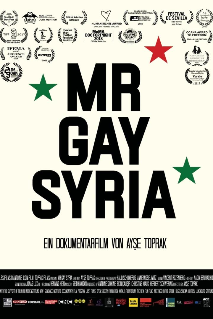 Das Filmplakat für den Dokumentarfilm „Mr. Gay Syria“ von Ayşe Toprak mit Festivalauszeichnungen.