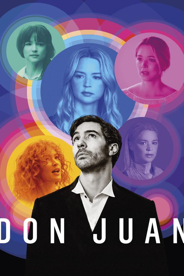 Das Filmplakat für „Don Juan“ zeigt einen Mann umgeben von fünf Frauen in farbigen Kreisen.