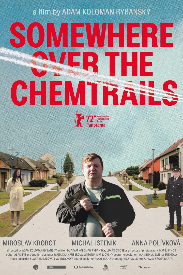 Das Filmplakat für „Somewhere Over the Chemtrails“ zeigt drei Personen in einer tschechischen Vorstadtsiedlung.