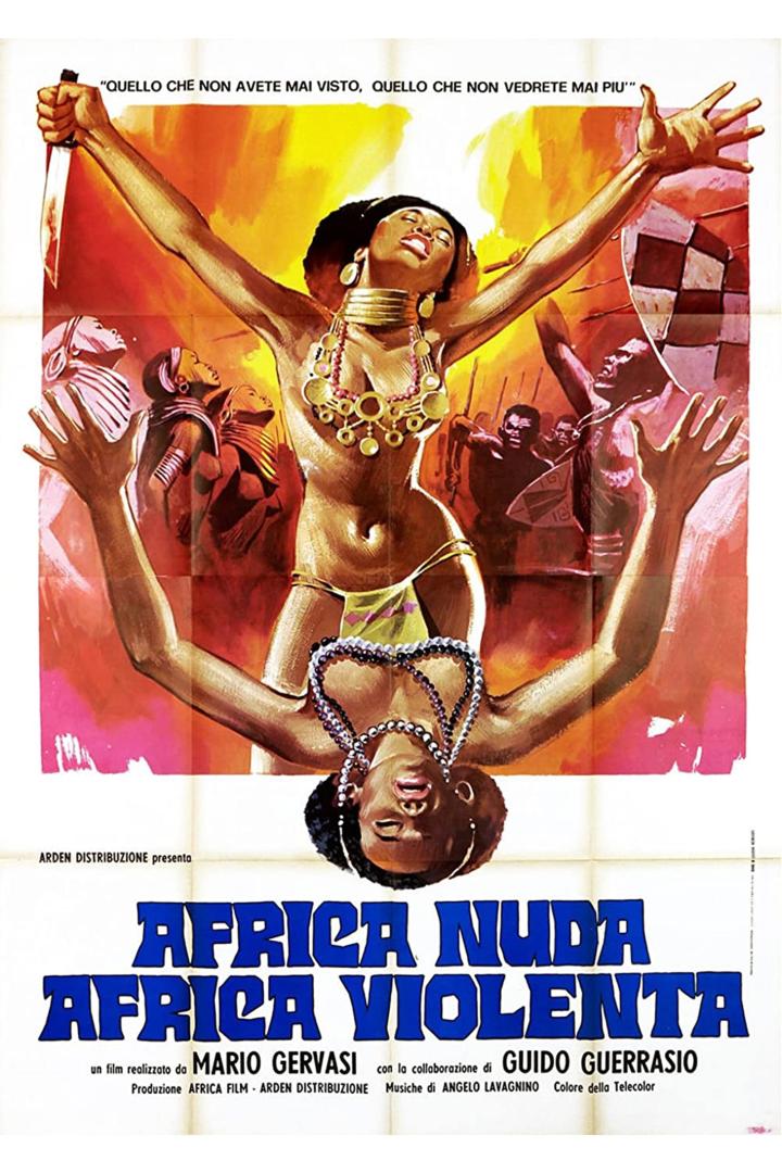Das Filmplakat für „Africa Nuda Africa Violenta“ zeigt eine Frau mit erhobenen Armen und einem Messer.
