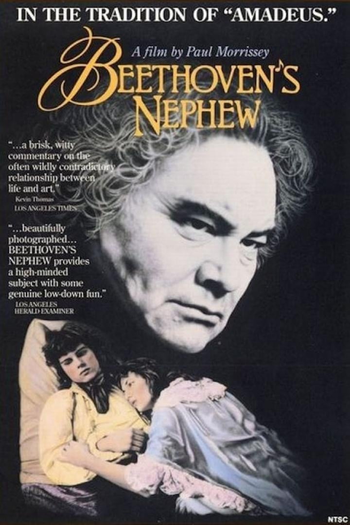 Das Filmplakat für „Beethoven's Nephew“ zeigt ein Porträt Beethovens und zwei junge Männer im Bett.