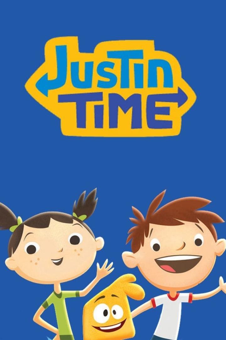Das Logo der Kinderserie „Justin Time“ mit den Hauptfiguren Justin, Olive und Squidgy.