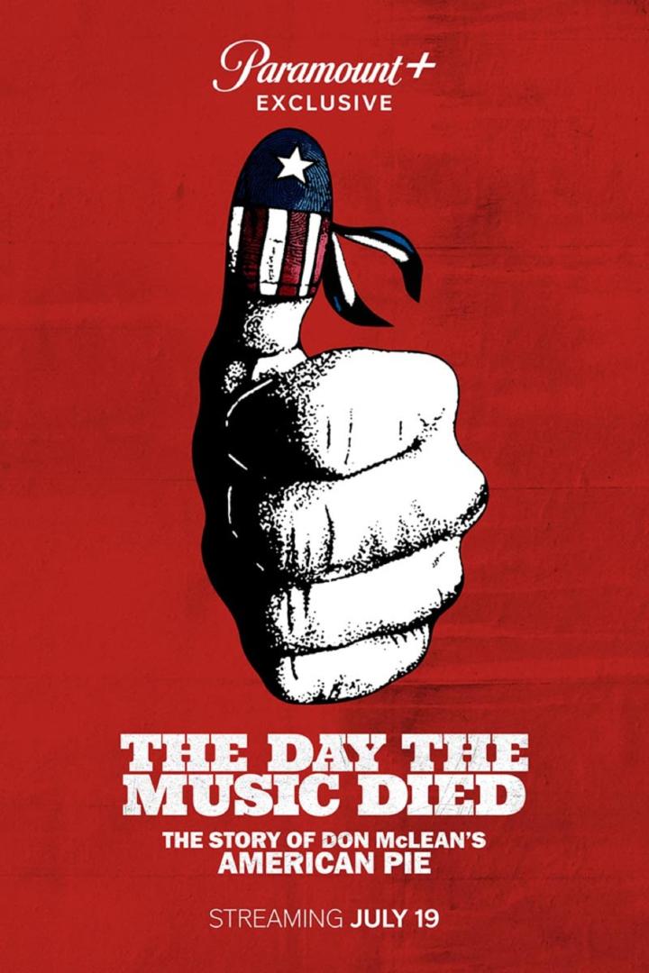 Ein Daumen, der mit der amerikanischen Flagge bemalt ist, bewirbt „The Day the Music Died“ auf Paramount+.