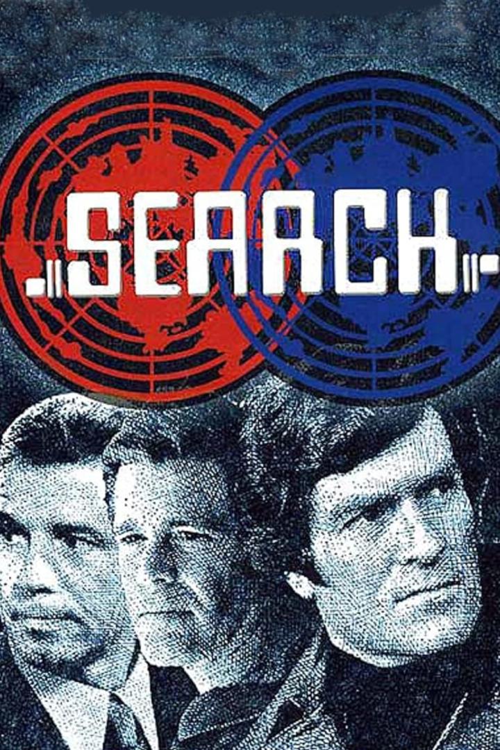 Das Poster für die Fernsehserie „Search“ mit drei Agenten vor roten und blauen Weltkarten.