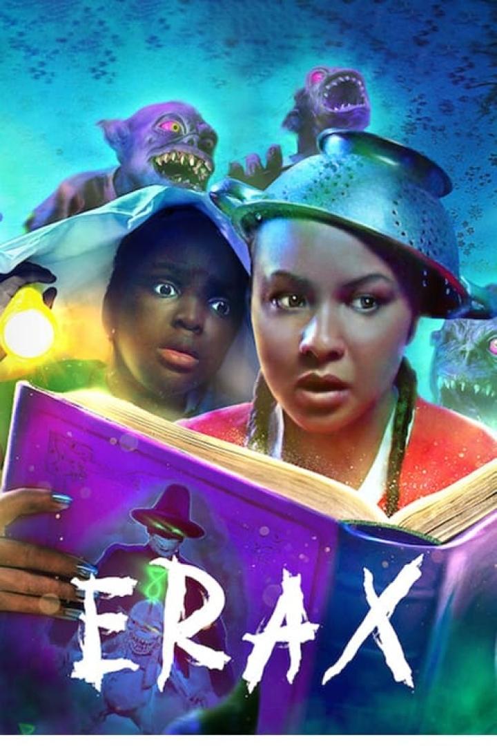 Zwei Kinder lesen ein Buch namens „Erax“, während Monster im Hintergrund lauern.