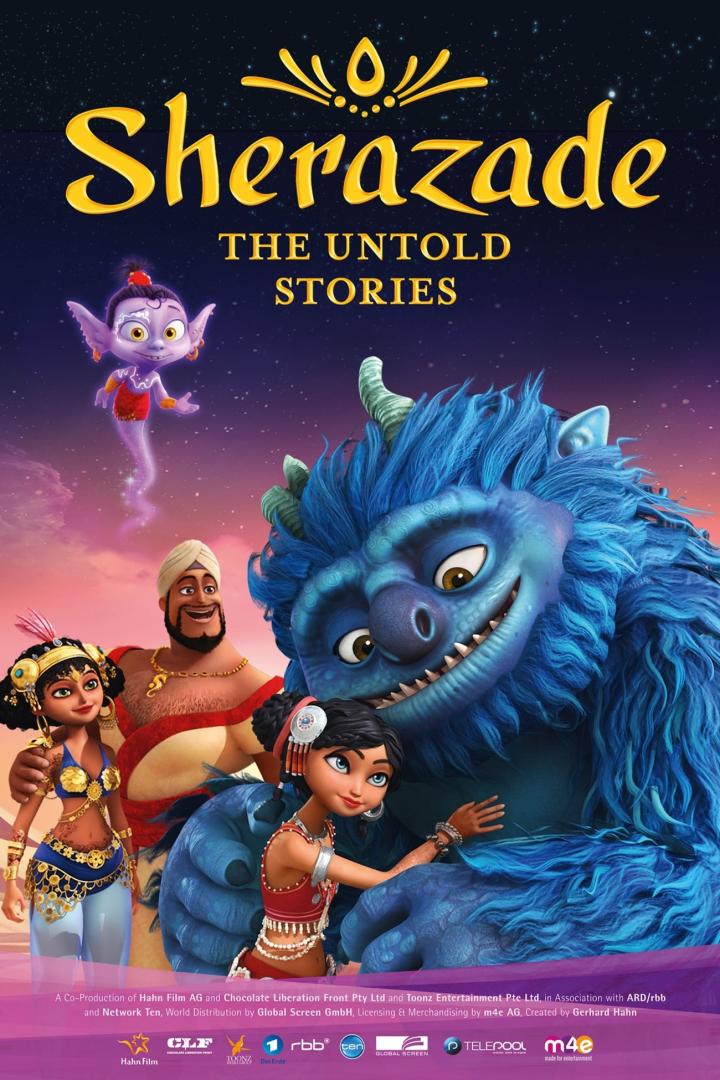 Das Filmplakat für „Sherazade: The Untold Stories“ zeigt Sherazade, einen Dschinn und ein blaues Monster.