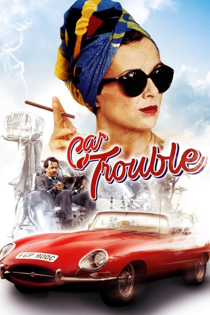Das Filmplakat für „Car Trouble“ zeigt eine Frau mit Turban, einen Mann mit Zeitung und einen roten Oldtimer.