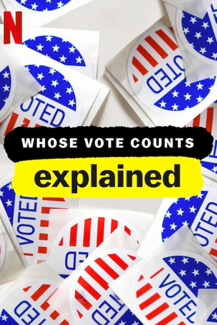 Das Netflix-Logo und Aufkleber mit der Aufschrift „I Voted“ für die Dokumentarserie „Whose Vote Counts Explained“.
