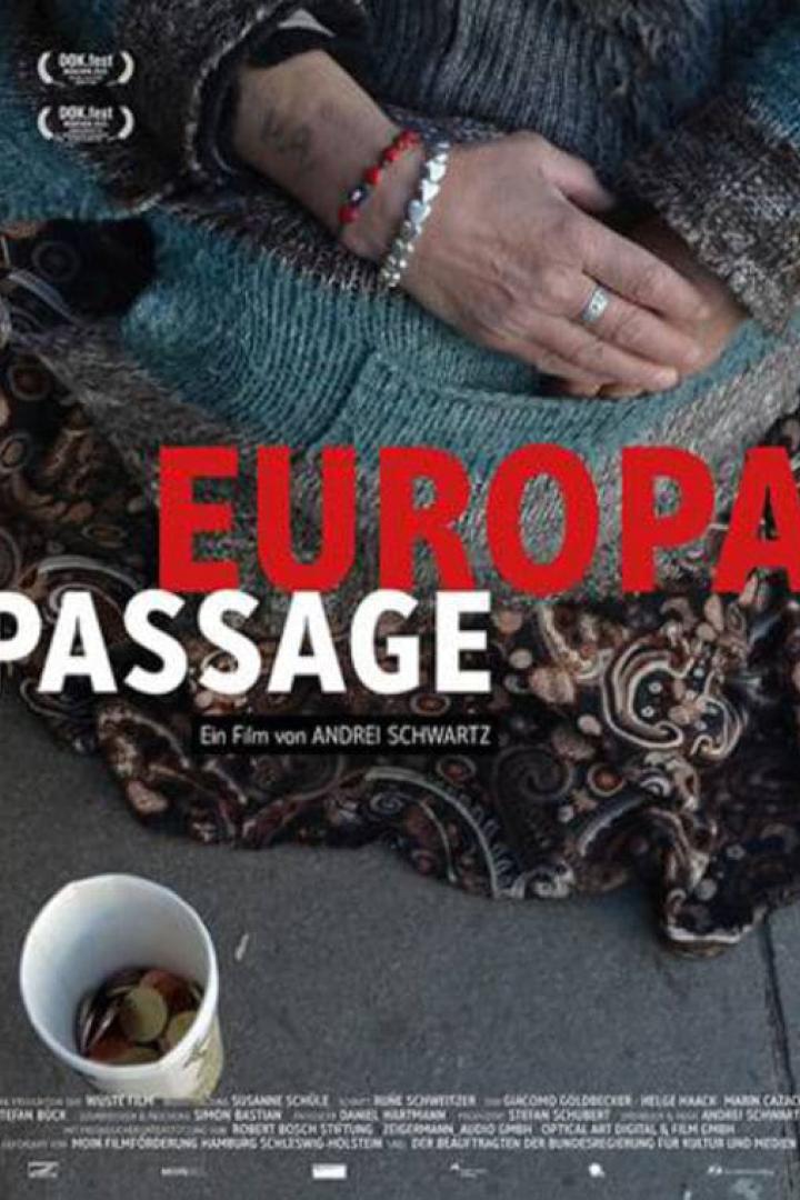 Das Filmplakat für „Europa Passage“ zeigt eine bettelnde Person und einen Becher mit Münzen.