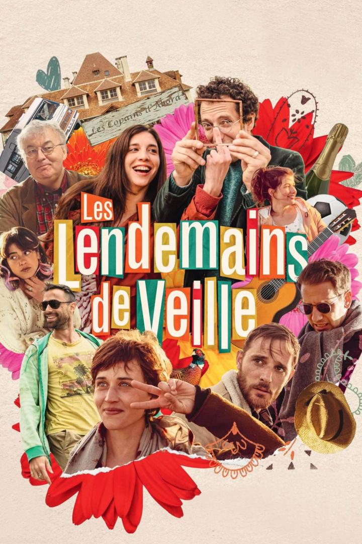 Das Filmplakat für „Les lendemains de veille“ zeigt eine Collage von Schauspielern und Requisiten.