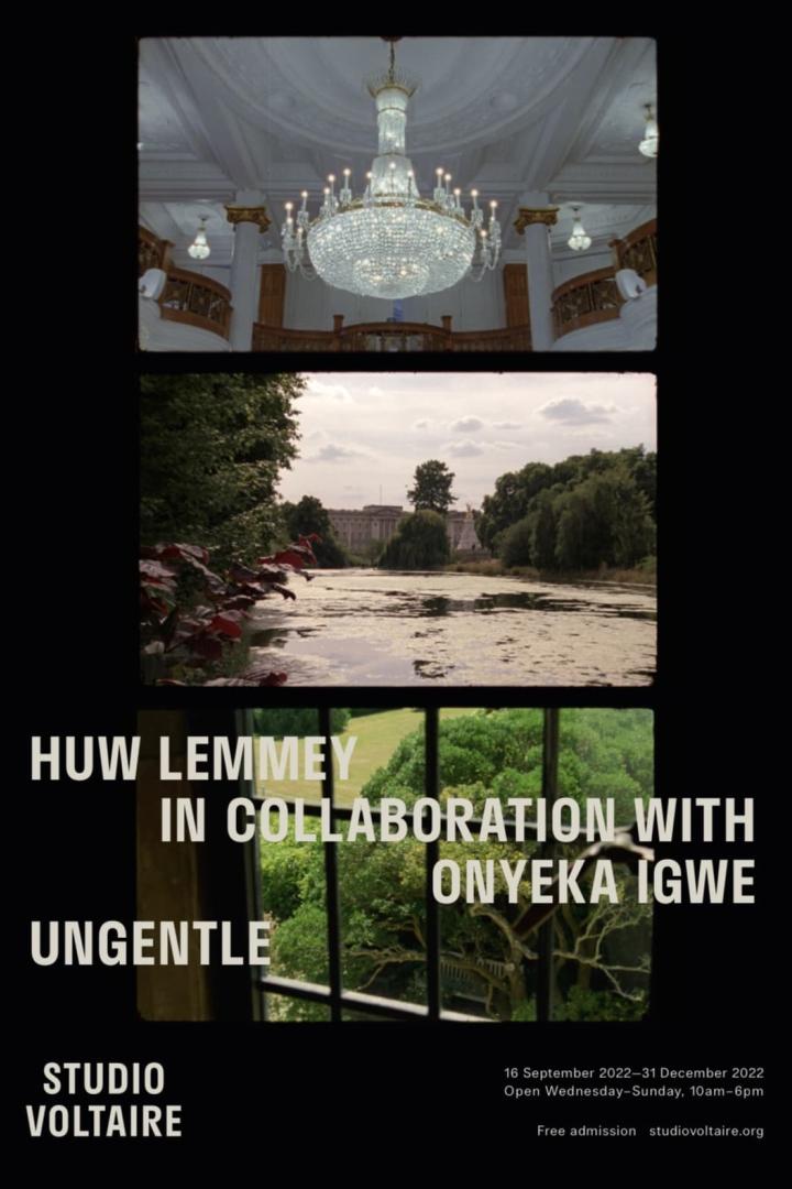 Ein Ausstellungsplakat für Huw Lemmey und Onyeka Igwe im Studio Voltaire, das drei Landschaftsbilder zeigt.