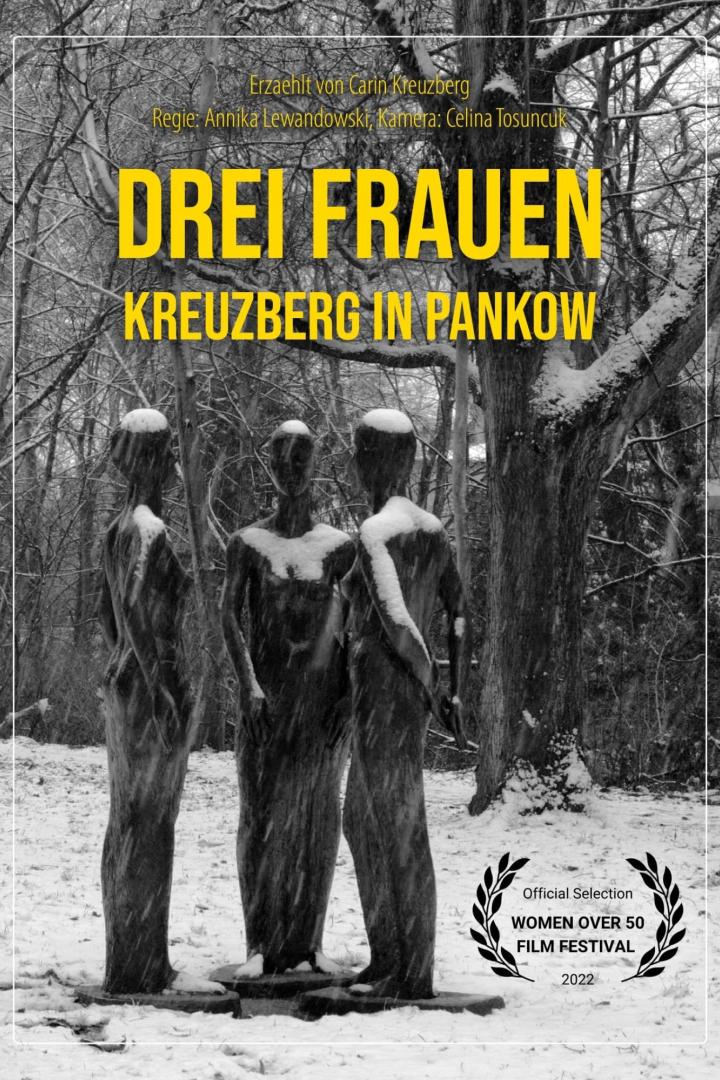 Das Filmplakat für „Drei Frauen – Kreuzberg in Pankow“ zeigt drei Statuen im Schnee.
