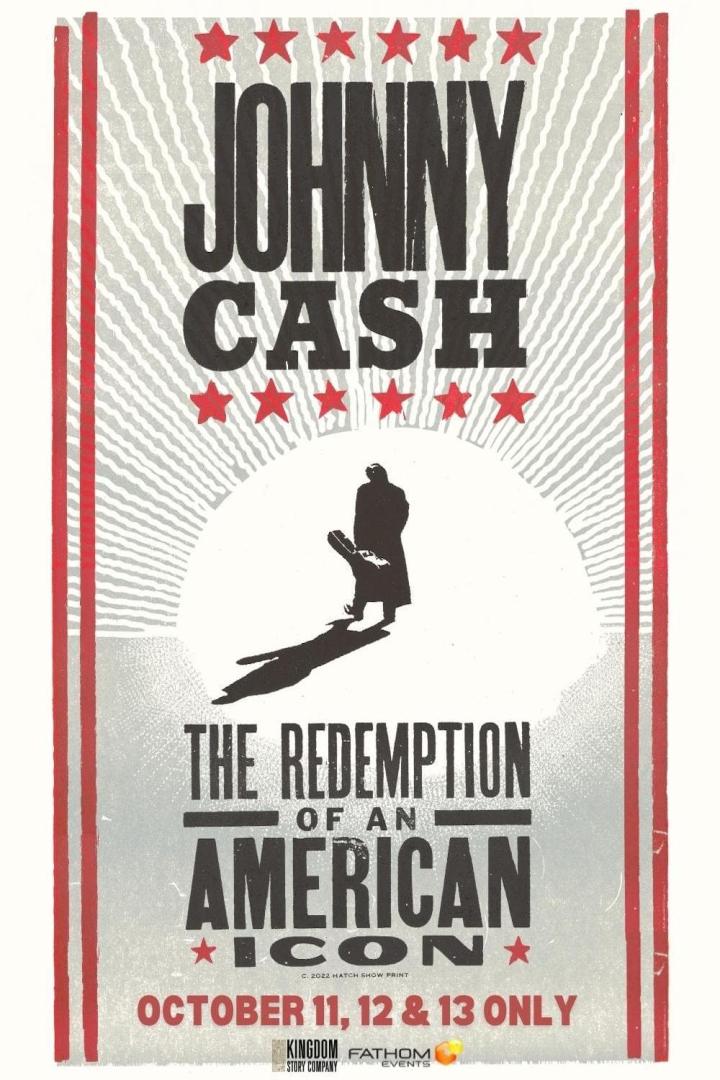 Ein Poster für „The Redemption of an American Icon“ mit Johnny Cash im Silhouette-Stil.