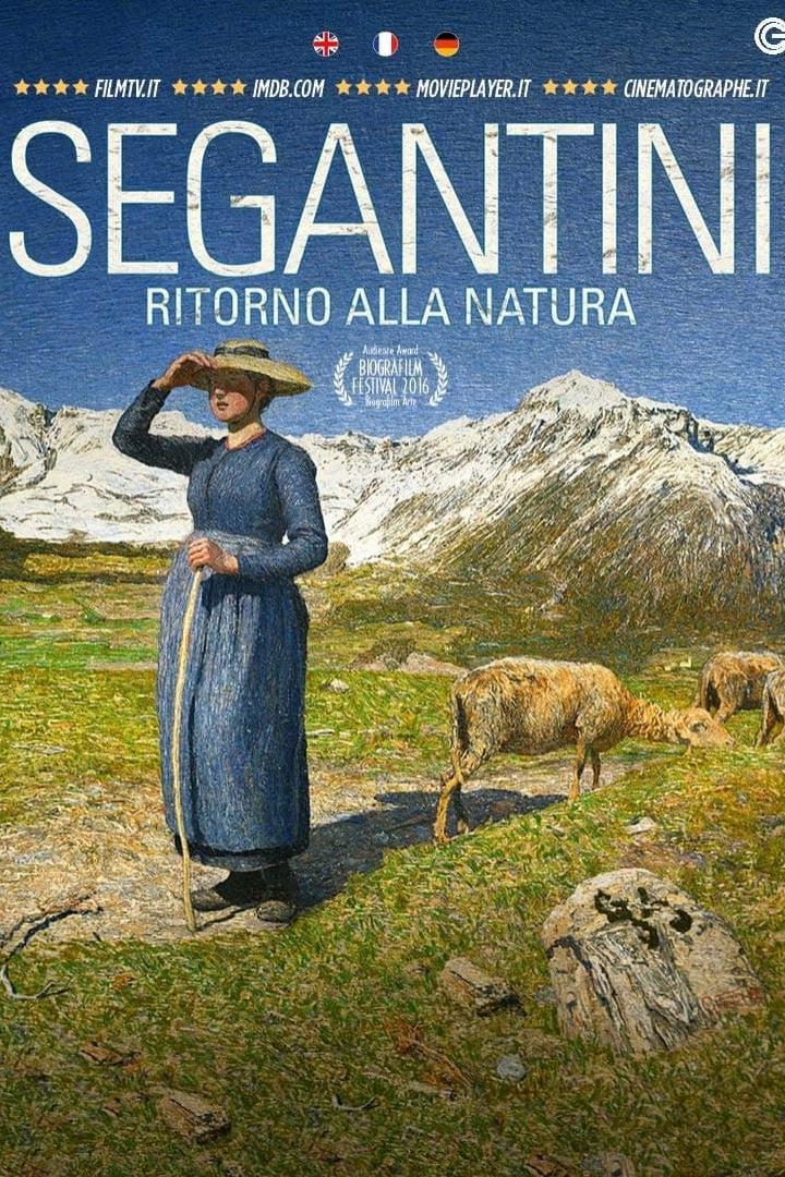Das Filmplakat für „Segantini: Ritorno alla Natura“ zeigt eine Frau mit Schafen in den Bergen.