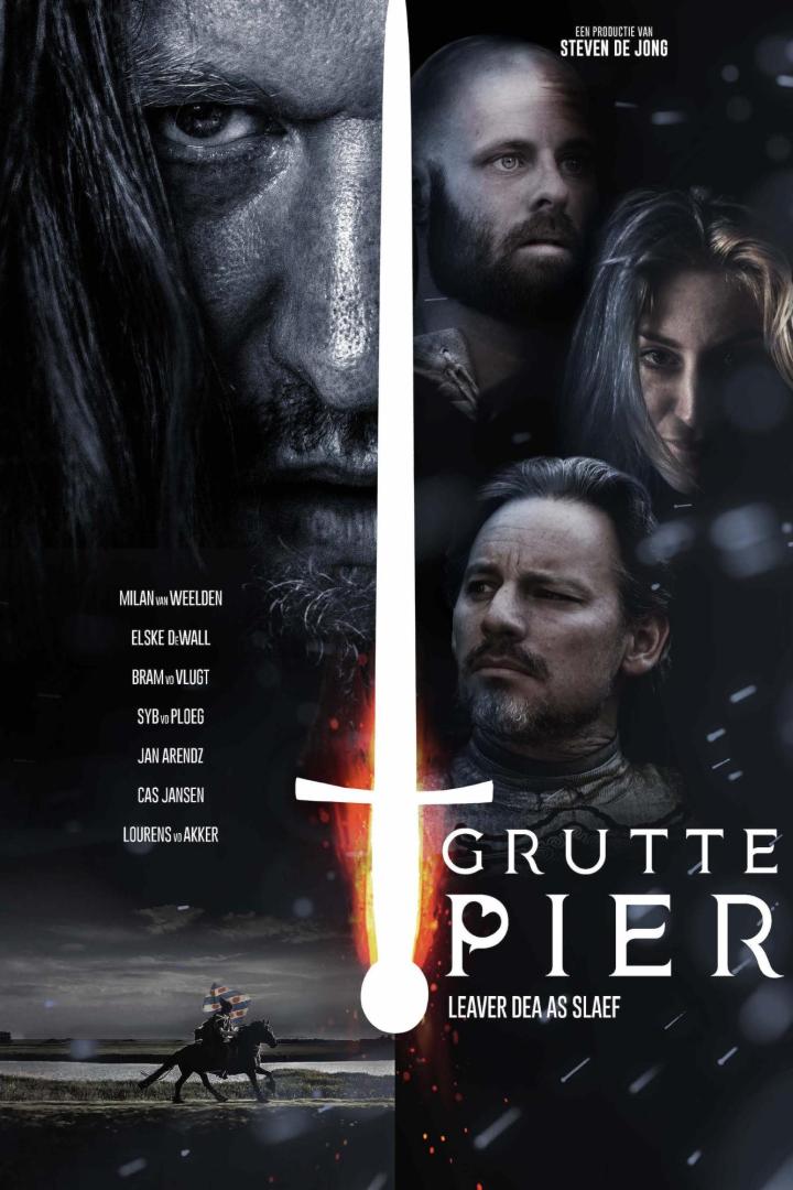 Das Filmplakat für „Grutte Pier“ zeigt mehrere Schauspieler und einen Reiter.