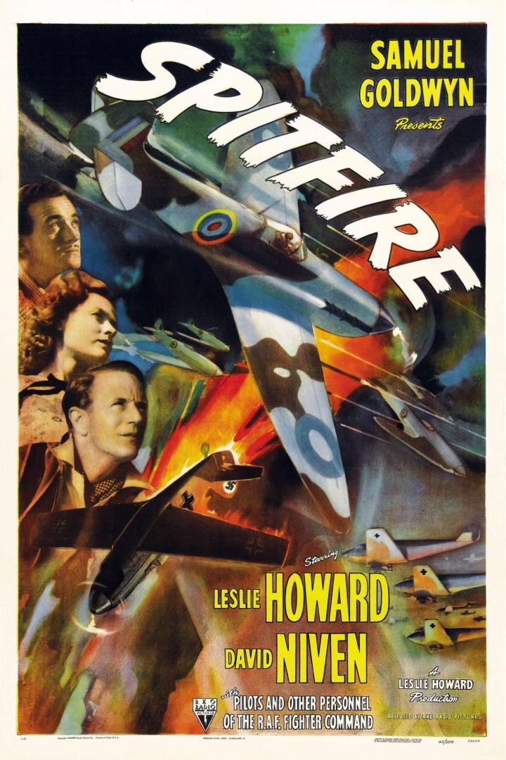 Das Filmplakat für „Spitfire“ zeigt Kampfflugzeuge und die Schauspieler Leslie Howard und David Niven.