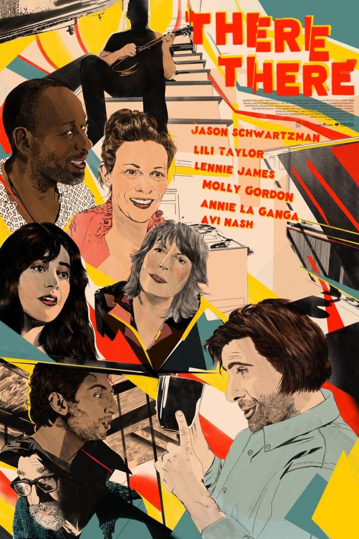 Das Filmplakat für „There There“ zeigt eine Collage der Schauspieler Jason Schwartzman, Lili Taylor und andere.