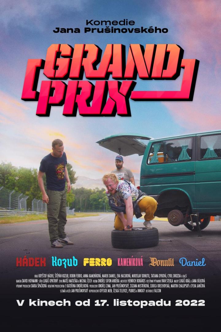 Das Filmplakat zu „Grand Prix“ zeigt drei Männer und einen grünen Van ohne Rad auf einer Rennstrecke.