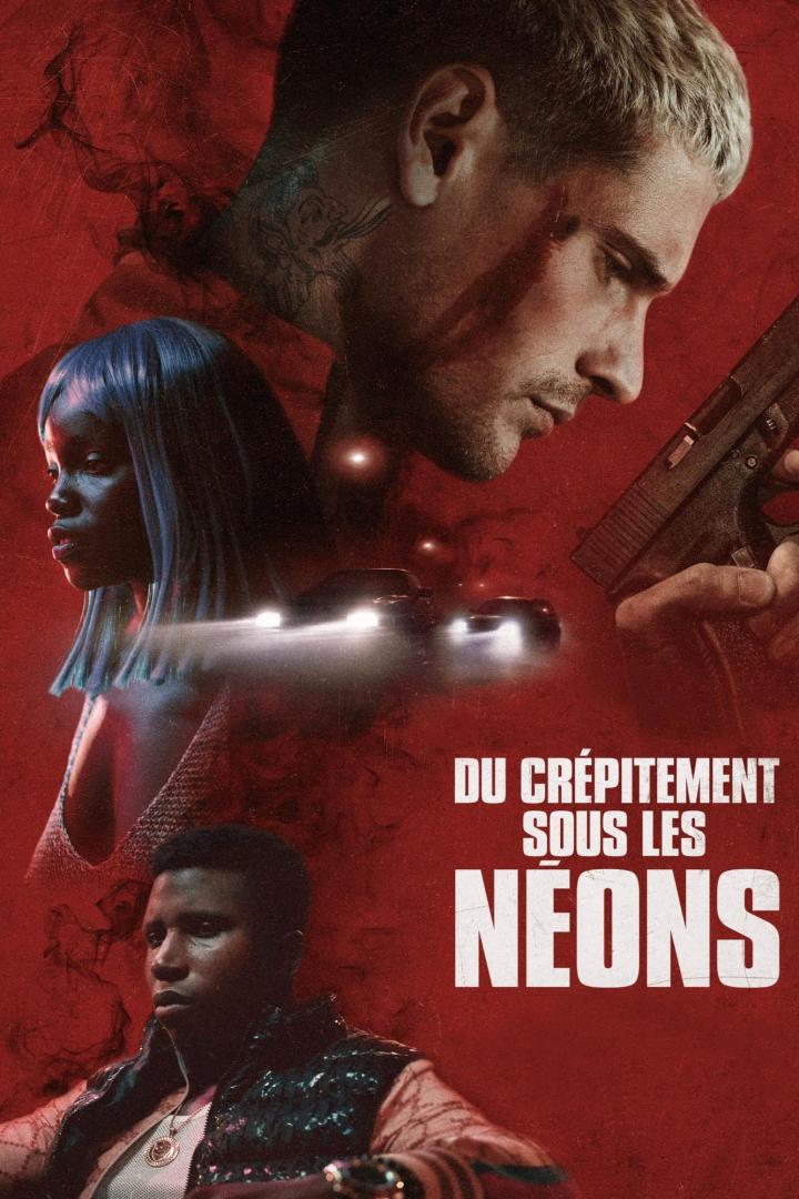 Das Filmplakat zeigt drei Personen und den Titel „Du crépitement sous les néons“.