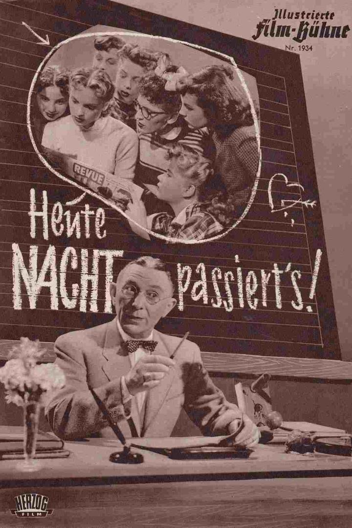 Ein Filmposter für „Heute Nacht passiert's!“ mit einem Lehrer vor einer Tafel.