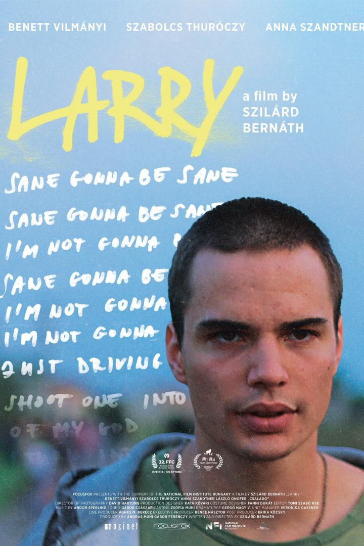 Das Filmplakat für „Larry“ zeigt das Gesicht eines jungen Mannes vor blauem Hintergrund mit Text.