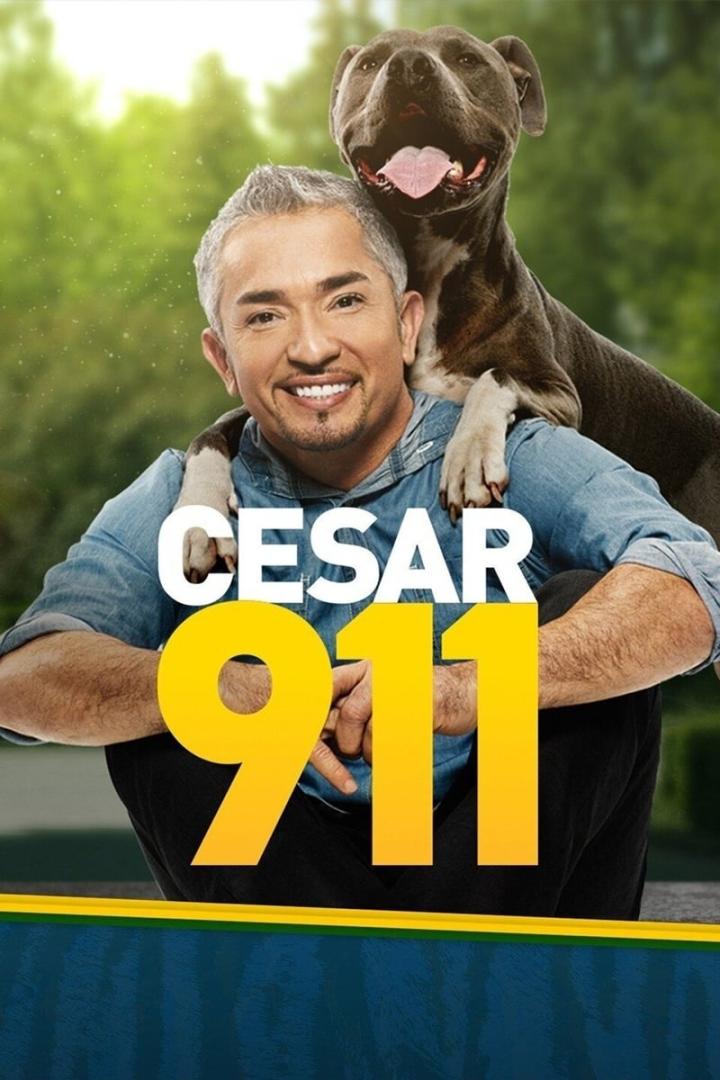Cesar Millan lächelt mit einem Pitbull auf seinen Schultern für das Werbeplakat von „Cesar 911“.