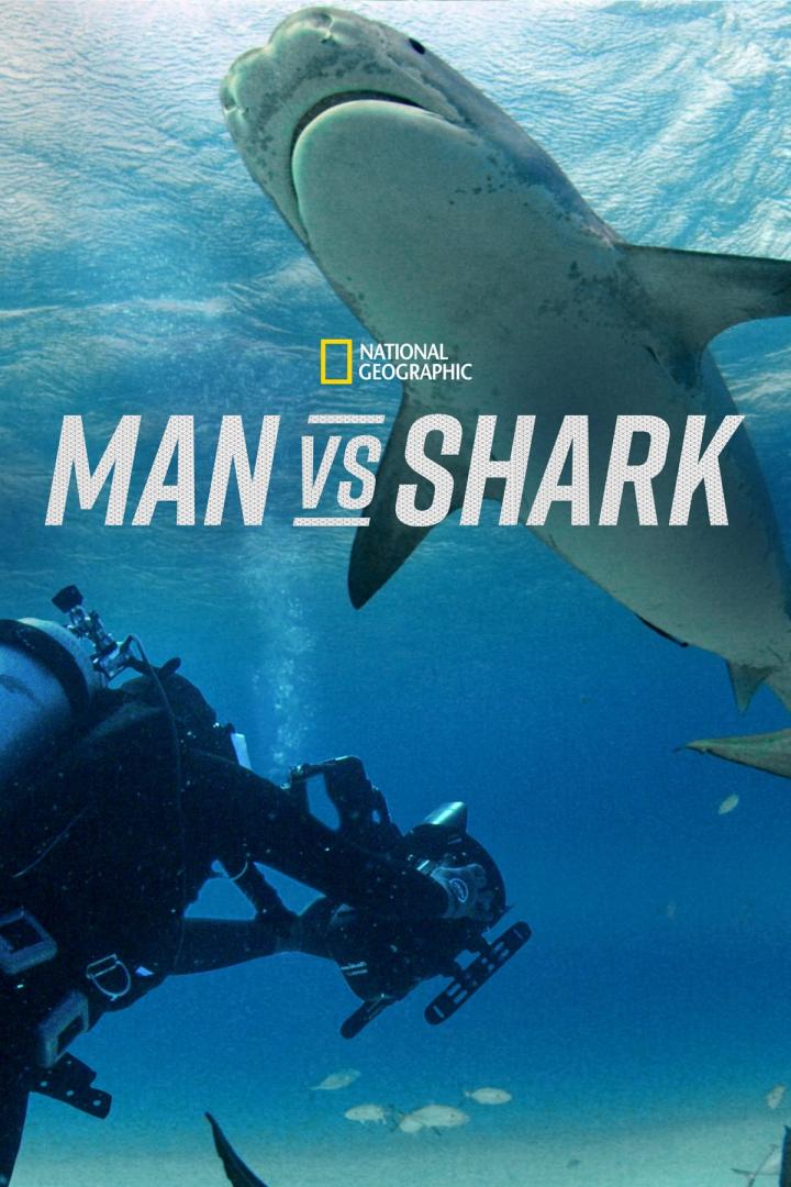 Ein Taucher begegnet einem Hai unter Wasser; Titelbild für „Man vs Shark“.