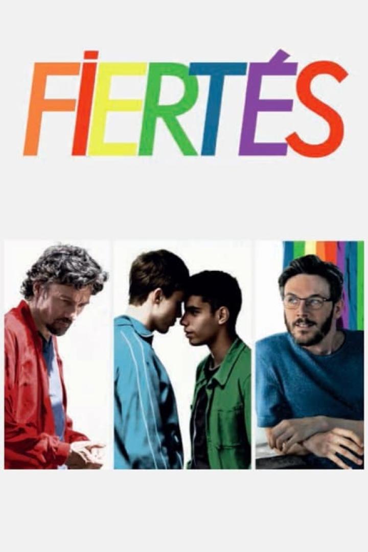Das Filmplakat für „Fiertés“ zeigt drei Männer und den Regenbogen-Schriftzug des Titels.