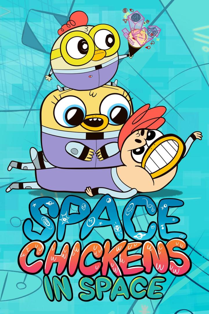 Drei Cartoon-Hühner in Raumanzügen sind übereinander gestapelt, darunter der Titel „Space Chickens in Space“.