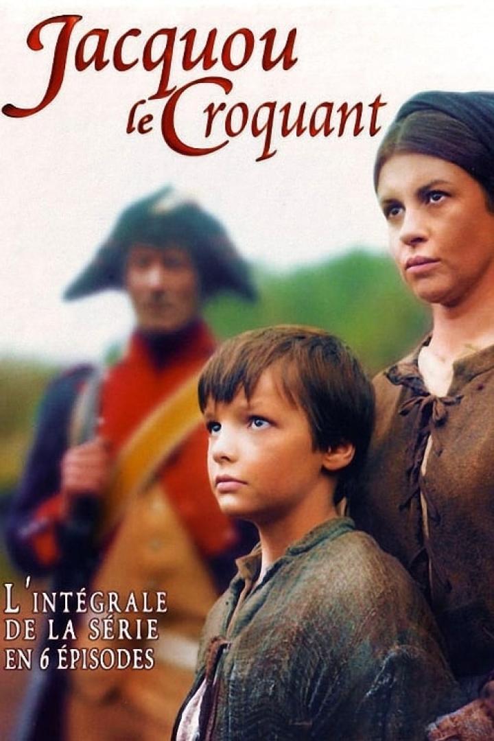 Das Filmplakat für „Jacquou le Croquant“ zeigt einen Jungen, eine junge Frau und einen Soldaten.