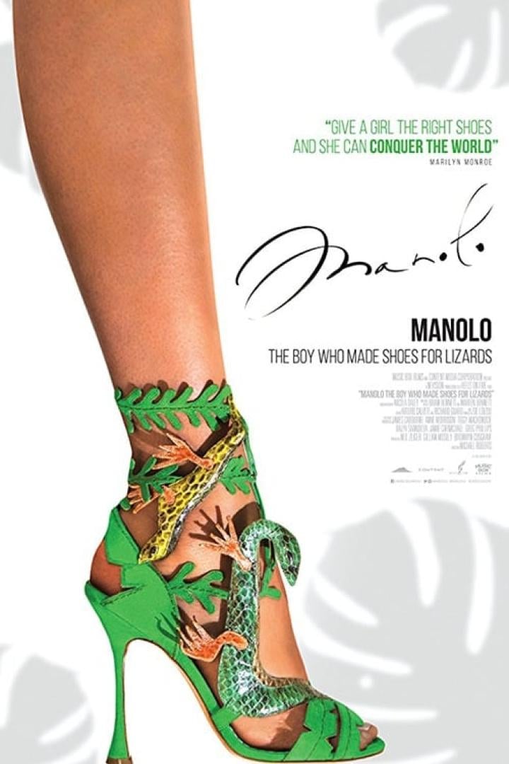 Das Poster für den Dokumentarfilm „Manolo: The Boy Who Made Shoes for Lizards“ zeigt einen grünen High Heel mit Echsenverzierungen.