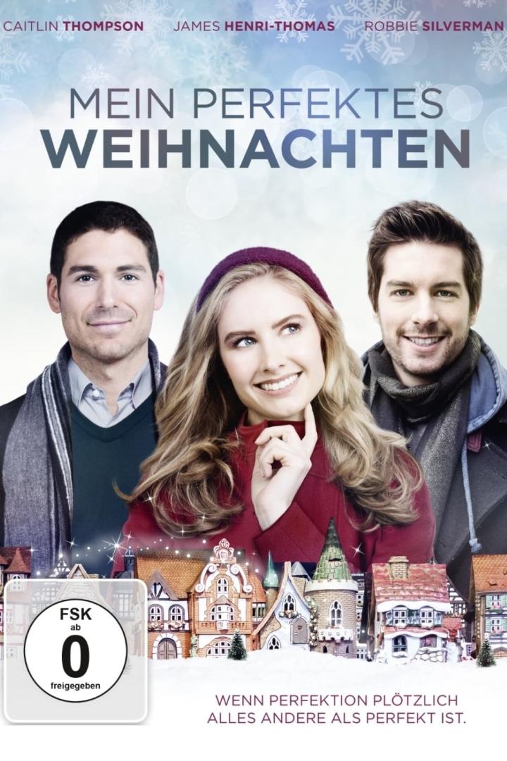 Das Filmplakat für „Mein perfektes Weihnachten“ zeigt drei Schauspieler vor einer verschneiten Modellstadt.
