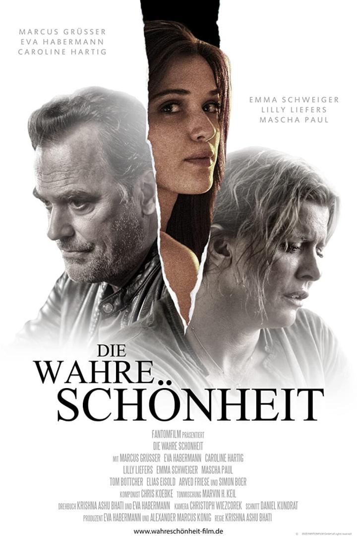 Das Filmplakat für „Die Wahre Schönheit“ zeigt drei Porträts, die durch Risse getrennt sind.