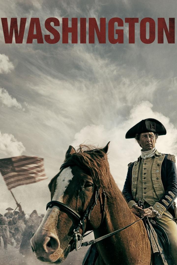 George Washington reitet auf einem Pferd vor einer amerikanischen Flagge.