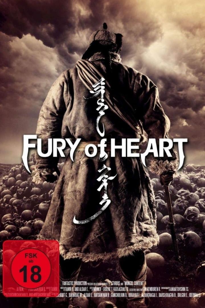 Ein Mann in traditioneller Kleidung steht vor einem Feld aus Schädeln, Filmposter „Fury of the Heart“.