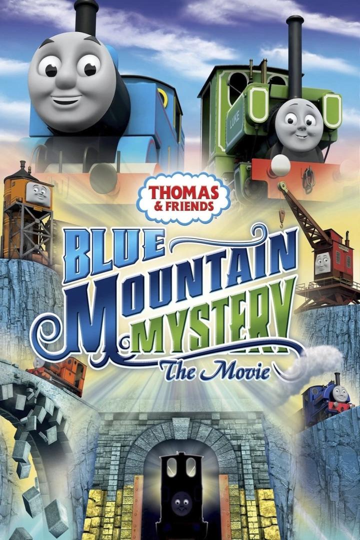 Das Filmplakat für „Thomas & seine Freunde – Das Geheimnis der blauen Berge“ mit Thomas und Luke.