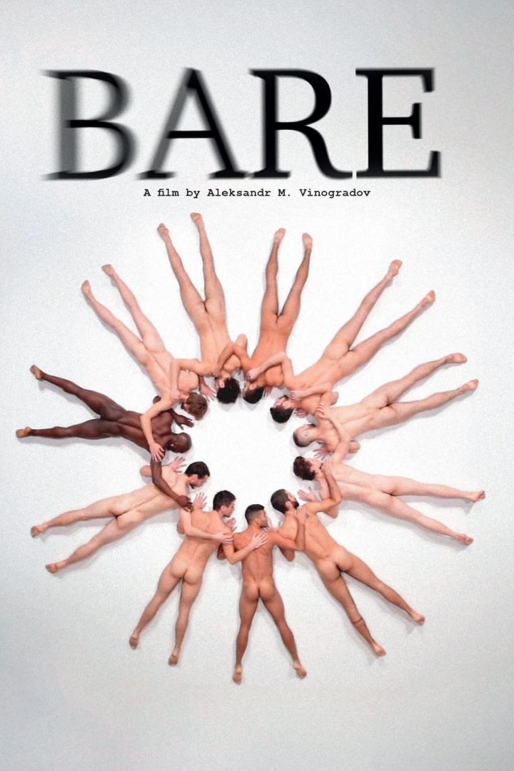Das Filmplakat für „Bare“ von Aleksandr M. Vinogradov zeigt eine Gruppe nackter Männer, die einen Kreis bilden.