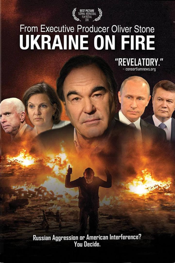 Das Filmplakat für „Ukraine on Fire“ von Oliver Stone zeigt Politiker vor einem brennenden Hintergrund.