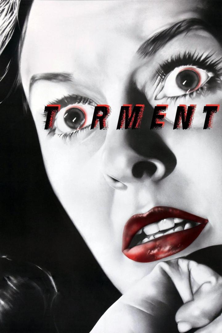 Das Schwarz-Weiß-Porträt zeigt eine Frau mit aufgerissenen Augen und dem Wort „Torment“ über ihren Augen.