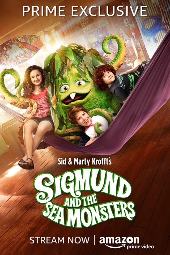 Drei Kinder und ein grünes Monster liegen in einer Hängematte für „Sigmund and the Sea Monsters“.