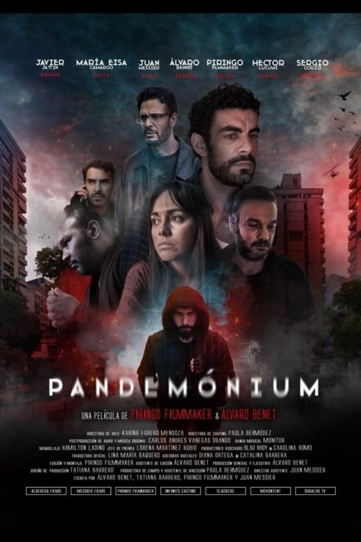 Das Filmplakat für „Pandemónium“ zeigt mehrere Schauspieler vor einer apokalyptischen Stadtkulisse.