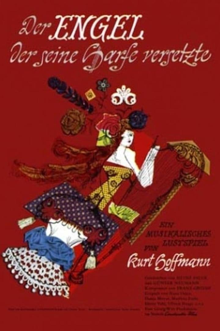Das Plakat für „Der Engel, der seine Harfe versetzte“ von Kurt Hoffmann zeigt eine stilisierte Harfe und eine Frau.