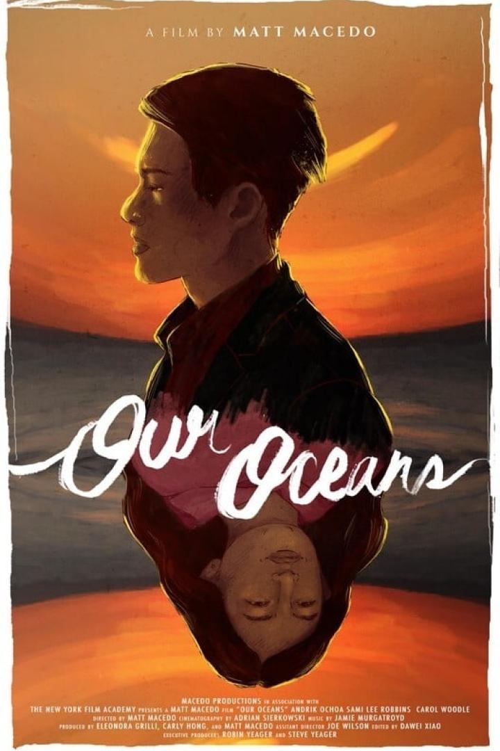 Das Filmplakat für „Our Oceans“ zeigt zwei Porträts vor einem Sonnenuntergang.